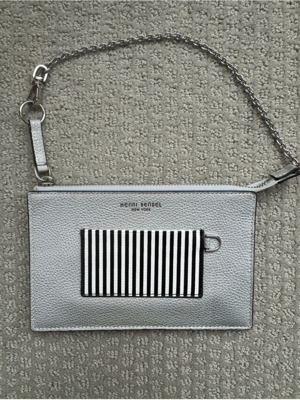 Henri Bendel Silver Pebbled Leather Wristlet w/ Centennial Stripe Card Slot